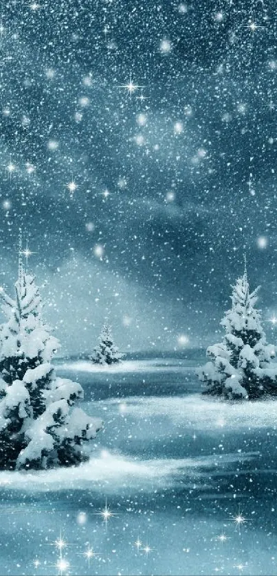 Snow-covered trees under a starry night sky, creating a winter wonderland.