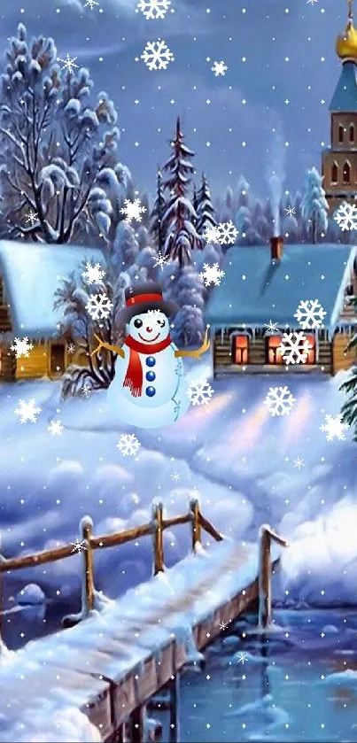 Snowy village with cabins and snowman under a starry winter sky.