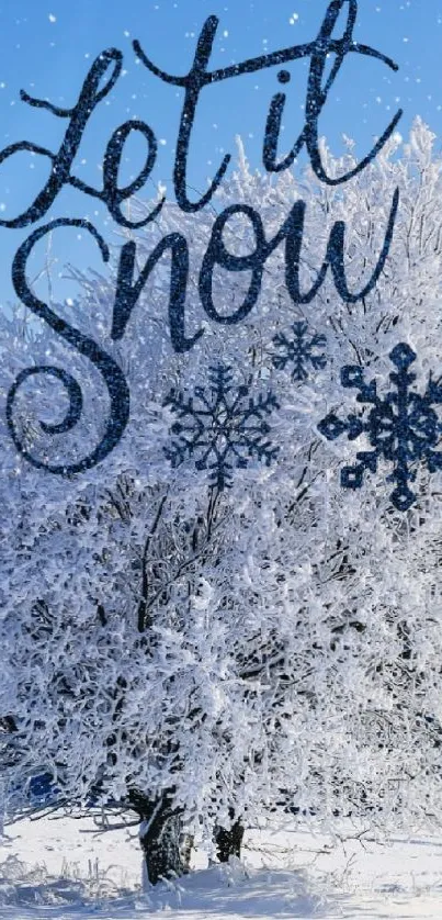 Snowy tree with 'Let it Snow' text under a clear blue sky.