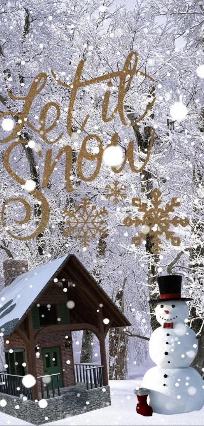 Winter scene with snowman and cabin on a snowy background.