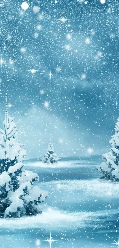 Winter wonderland with snow-laden trees and sparkling stars.