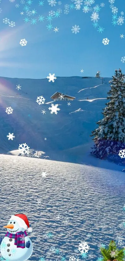 Snowy mountain landscape with a playful snowman and festive decorations.