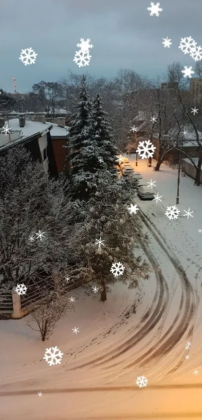 Snow-covered street with trees and houses on a peaceful winter morning.