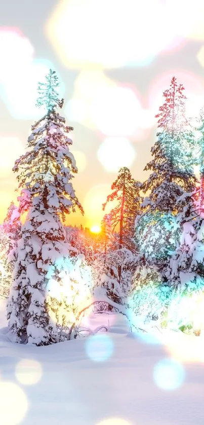 Snow-covered forest trees at sunrise with a winter wonderland feel.