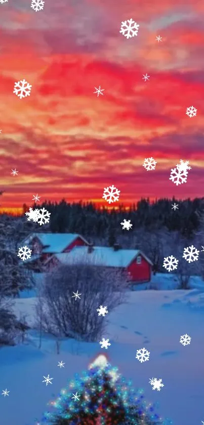 Serene snowy landscape with sunset and snowflakes.