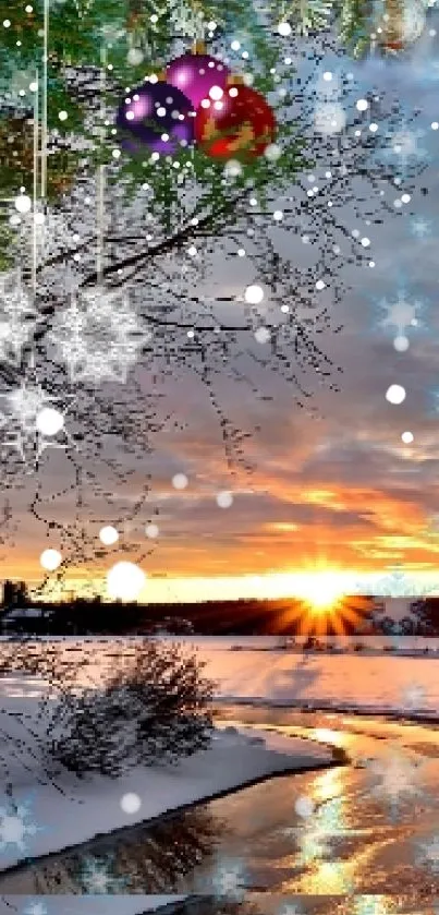 Winter landscape with sunset and snowy trees, perfect for a mobile wallpaper.
