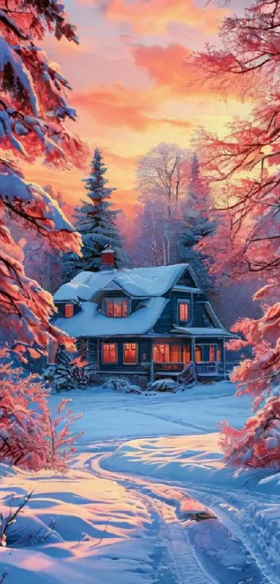 Cozy snow-covered cottage under a glowing sunset sky.