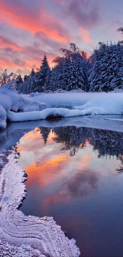 Serene winter sunset with snowy landscape and icy reflections.