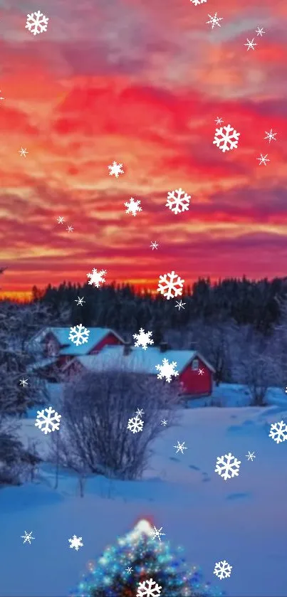 Enchanting winter sunset with snow and red houses.