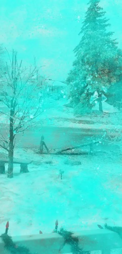 Teal-tinted snowy landscape with trees and houses in winter setting.