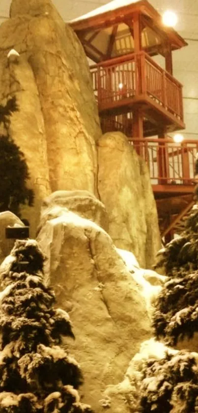 Snow-covered mountain with wooden gazebo.