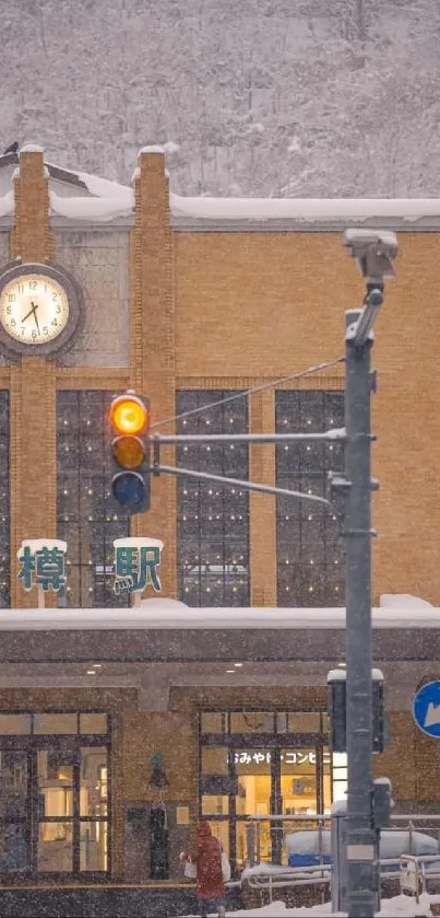 Snow-covered train station at dusk with vintage charm.