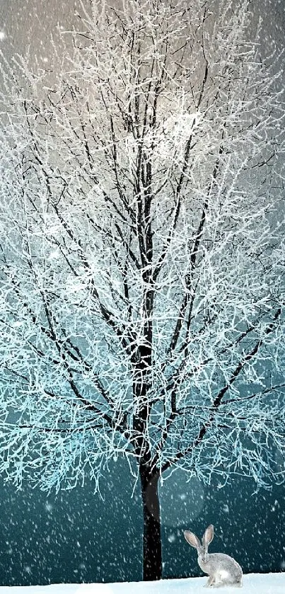 Magical winter tree with snow falling in a peaceful, snowy landscape.