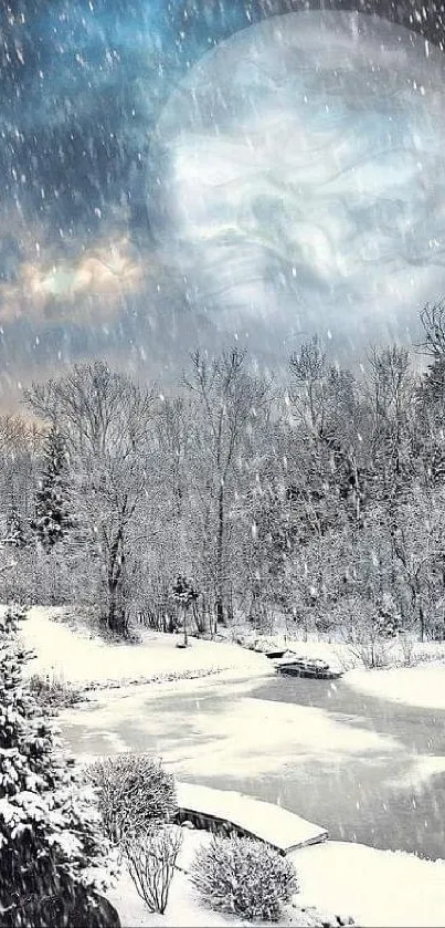 Snowy winter landscape with a full moon and gentle snowfall.