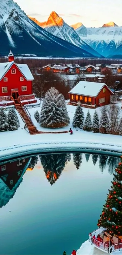 Snow-covered village with a pond reflecting winter scenery.