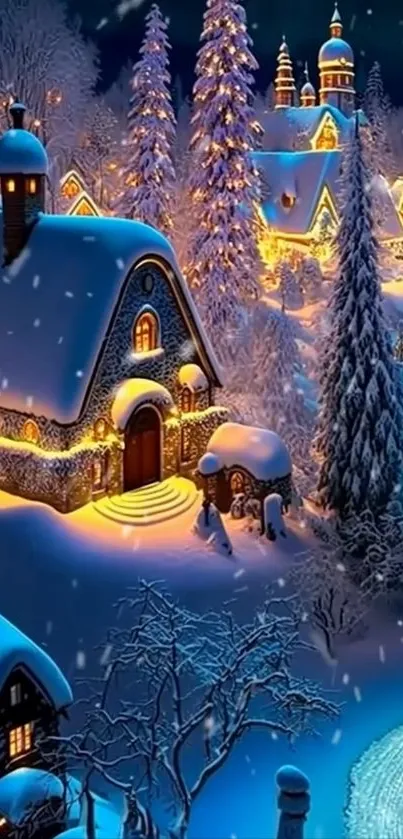 Winter village with snowy rooftops and cozy lights in blue tones.