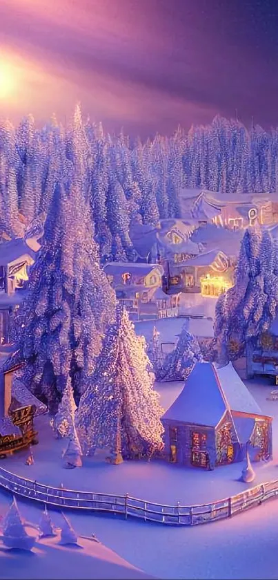 Quaint snowy village under a winter starry night sky.