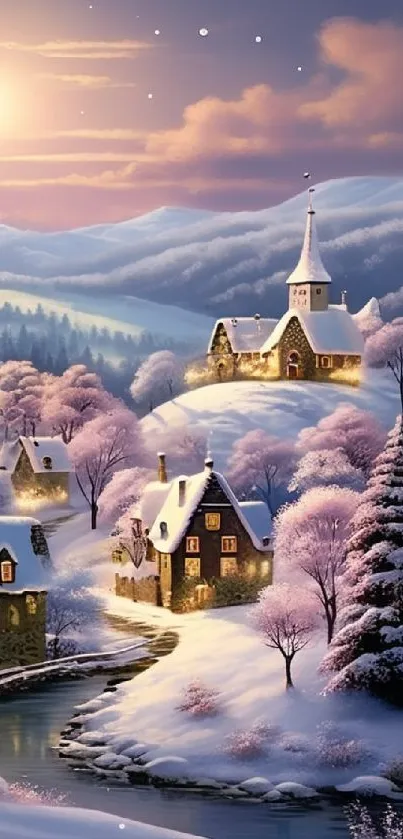A tranquil snowy village under a moonlit sky, creating a serene winter wonderland.