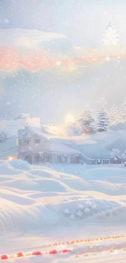 Serene snowy landscape with festive lights and cozy winter cabin.