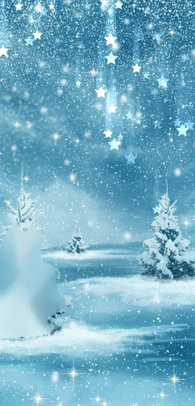 Snowy landscape with stars and trees on a winter wallpaper.