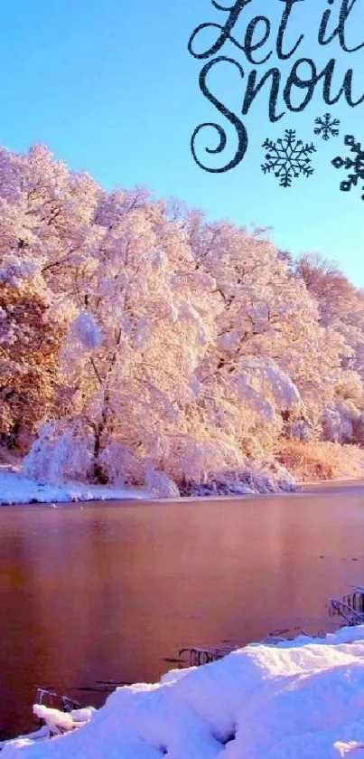 Snowy winter landscape with river and trees.