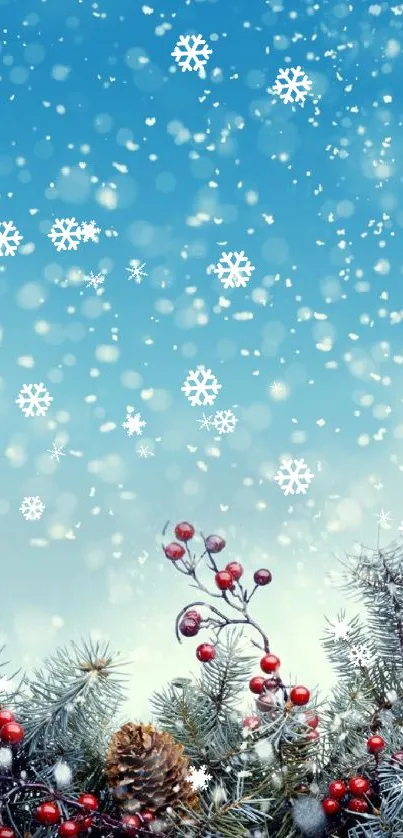 Winter wallpaper with snowflakes and pine branches under a blue sky.