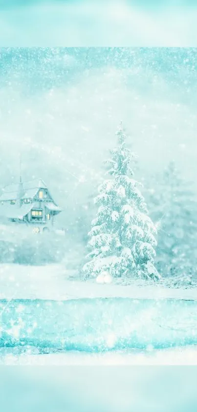 Serene winter wonderland with a snowy landscape and cozy cabin.