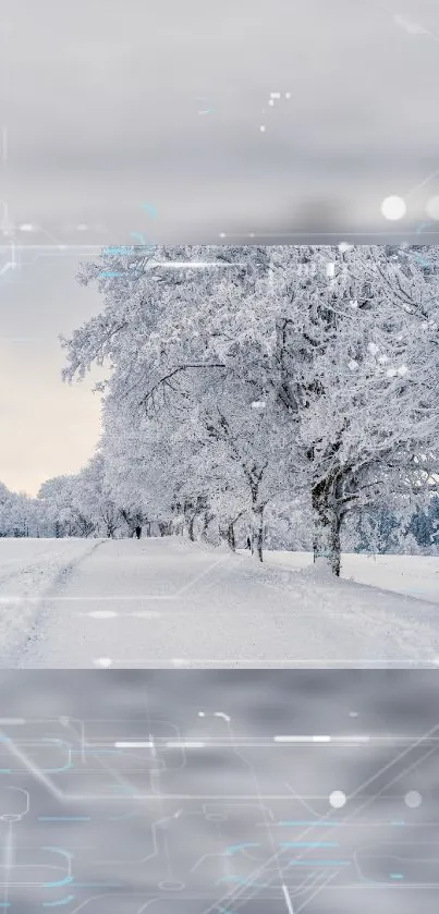 Snowy winter landscape with frosted trees and a tranquil path.