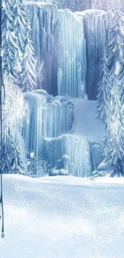 Frozen waterfall with icy trees and snow backdrop.