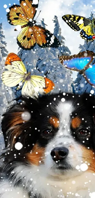 Cute dog with butterflies in snowy forest wallpaper.