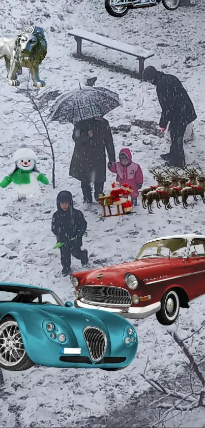 Mobile wallpaper featuring winter scene with vintage cars and holiday figures.