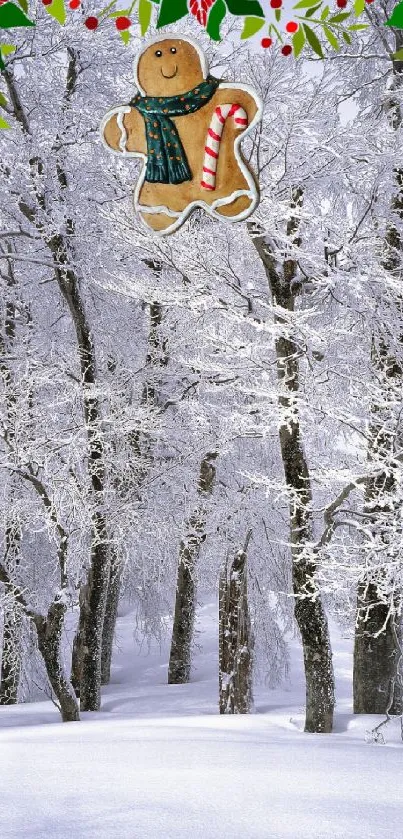 Gingerbread man with candy cane in snowy forest.