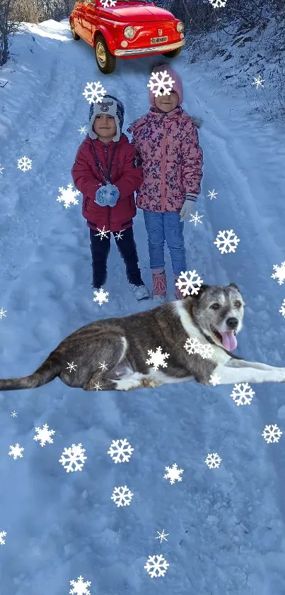 Kids and dog enjoy snowy winter path with falling snowflakes.