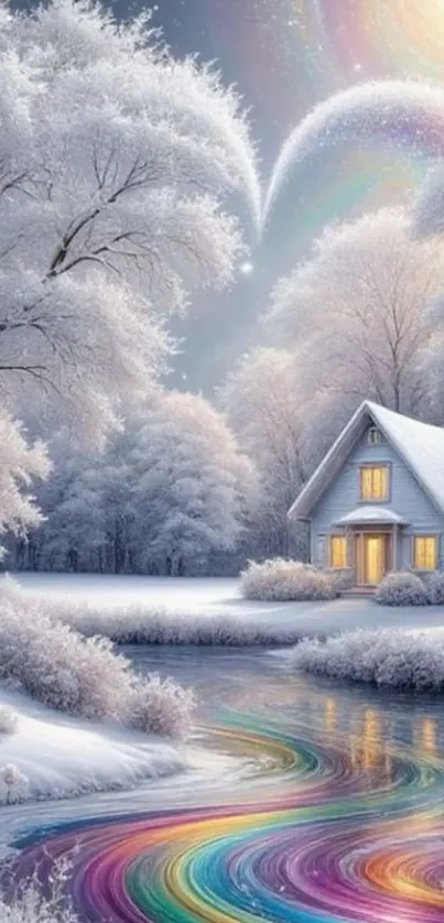 Serene winter landscape with rainbow river and snowy cabin.