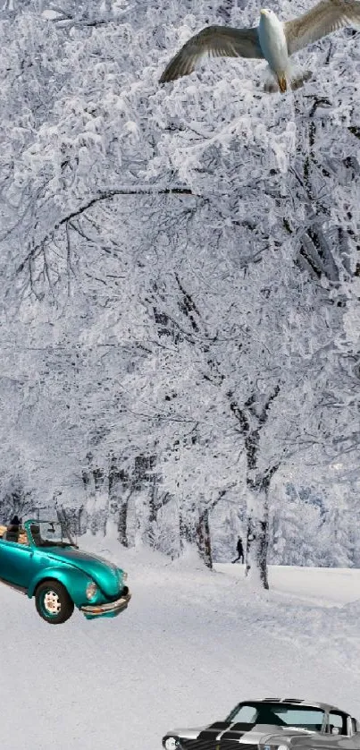 Snowy landscape with vintage cars and a bird flying overhead.