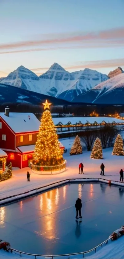 Scenic winter village with a Christmas tree and ice rink under snow-capped mountains.