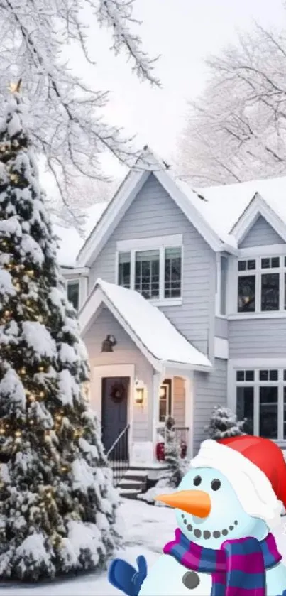 Snowy house with snowman in winter landscape.