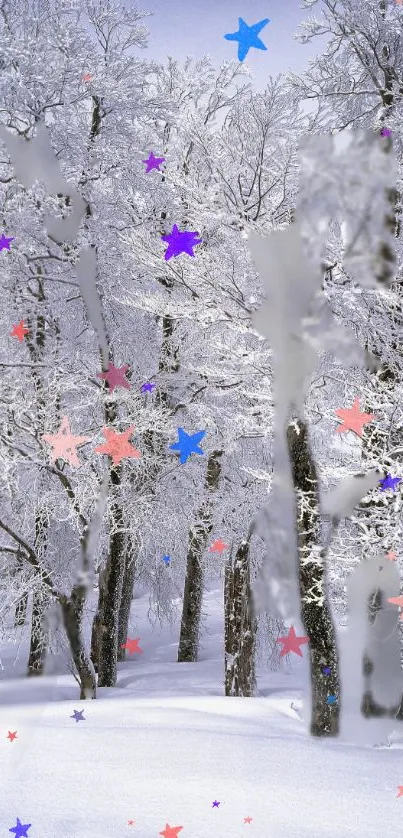 Snowy trees with colorful stars create a magical winter wallpaper scene.