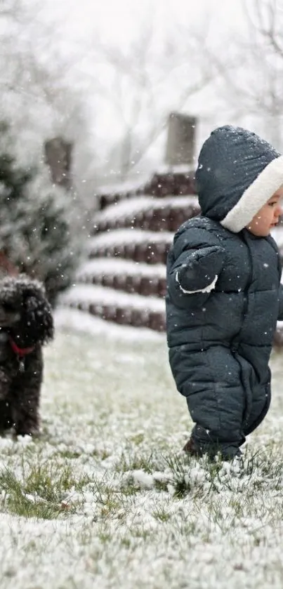 Child in winter outfit with dog in snowy yard.