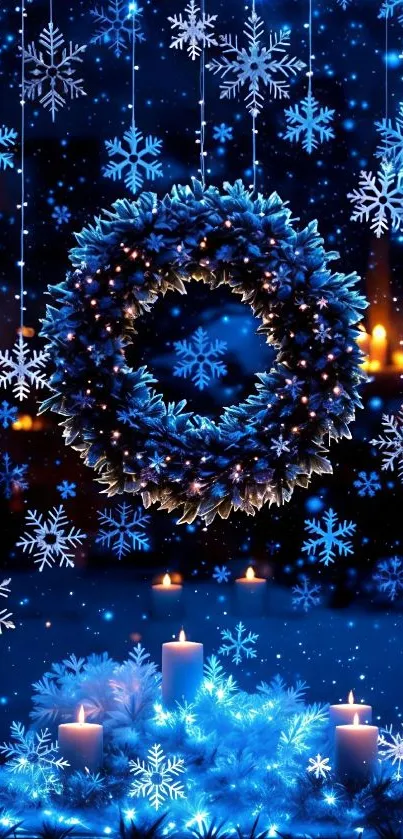 Winter wreath with snowflakes and candles in blue tones.