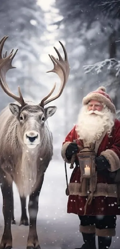 Santa Claus with reindeer in snowy forest wallpaper.