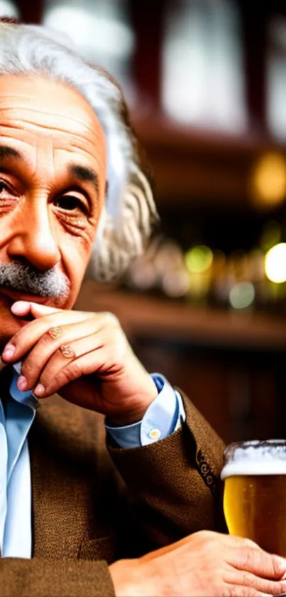 Elderly man enjoying a beer thoughtfully in a pub setting.