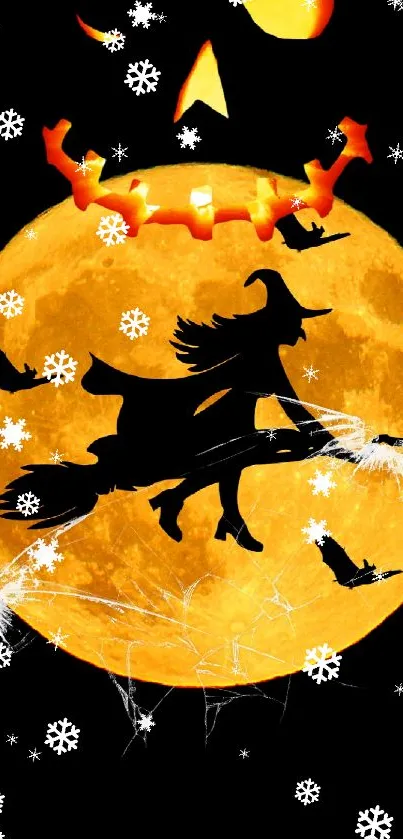 Halloween wallpaper of a witch flying across a full moon with bats.