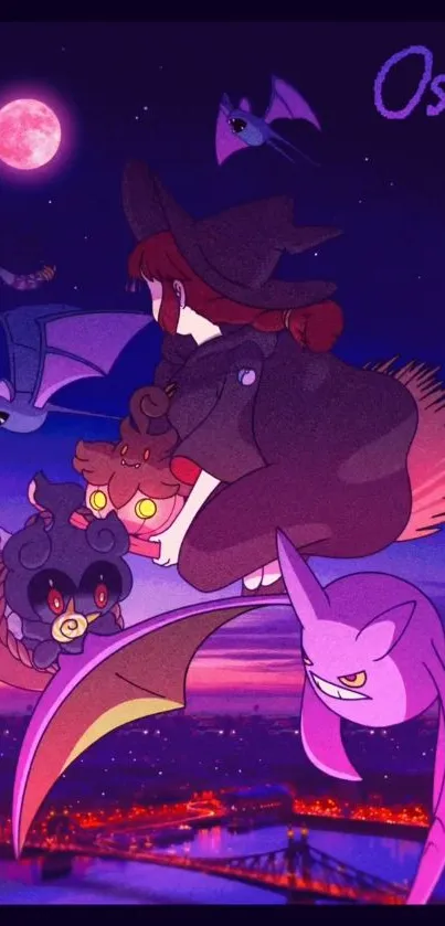 Witch and bats flying under a vivid night sky.