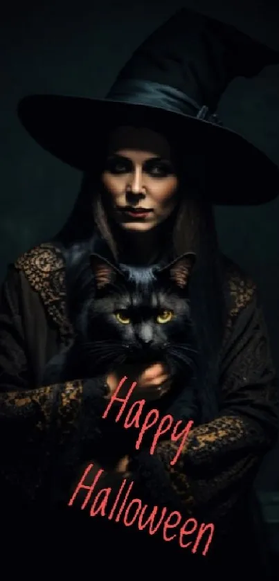 Halloween witch with black cat mobile wallpaper.