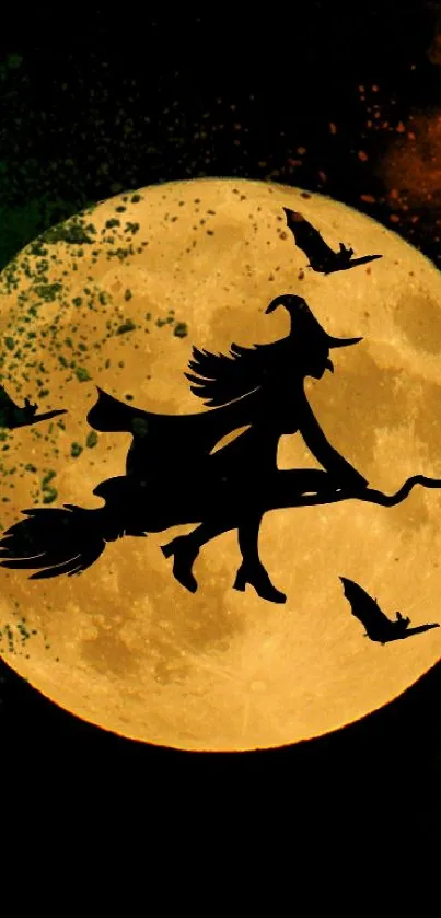 Witch flying across a Halloween moon with dark green and red background.