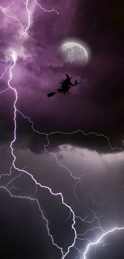 Witch flying through a purple lightning storm with moon.