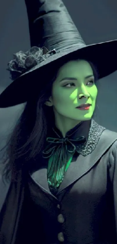 Dark witch aesthetic with green face in a mysterious setting.