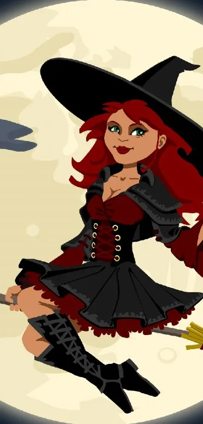 Red-haired witch flying across moonlit sky on a broomstick.