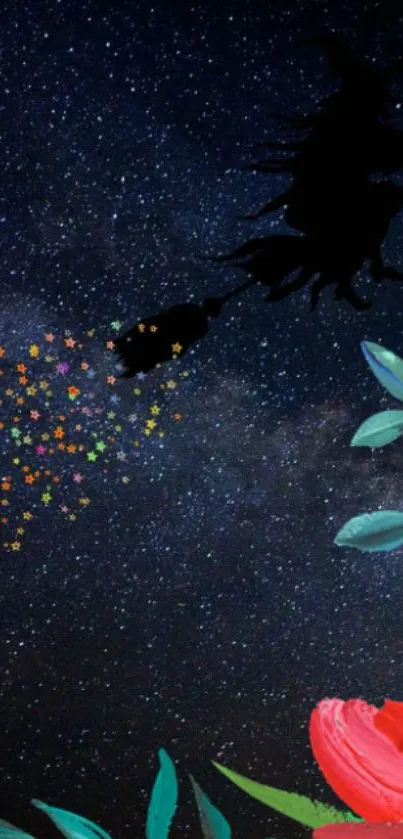 Witch flying over a starry sky with colorful stars and leaves.